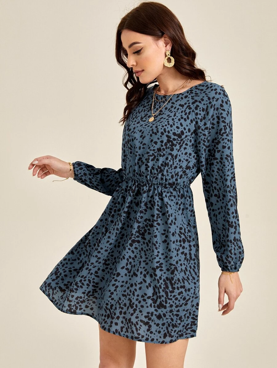 SHEIN Clasi Dalmatian Print Lantern Sleeve Dress - Multicolor - View 1