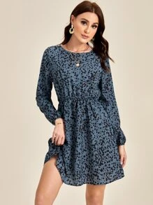 SHEIN Clasi Dalmatian Print Lantern Sleeve Dress - Multicolor - View 4