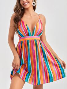 SHEIN Tall Đầm Lộ Lưng Hội Chữ thập Sọc Gợi cảm - Nhiều màu - Xem 1