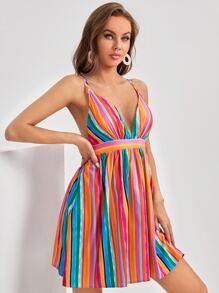 SHEIN Tall Đầm Lộ Lưng Hội Chữ thập Sọc Gợi cảm - Nhiều màu - Xem 3