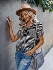 SHEIN Unity 格子圖案前紐扣襯衫 - 黑與白 - 查看 4