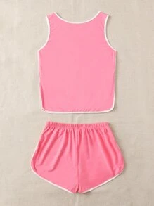 SHEIN 撞色滾邊背心上衣和運動短褲 - 粉色 - 查看 2