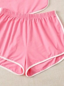 SHEIN 撞色滾邊背心上衣和運動短褲 - 粉色 - 查看 4