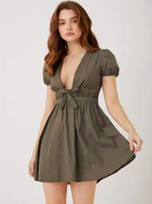 Deep V-neck Puff Sleeve Tie Front Dress - Army Green - View 1