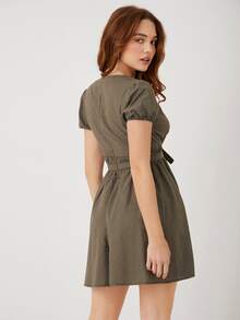 Deep V-neck Puff Sleeve Tie Front Dress - Army Green - View 2