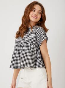 SHEIN EZwear Gingham Ruffle Hem Top - Black and White - View 4