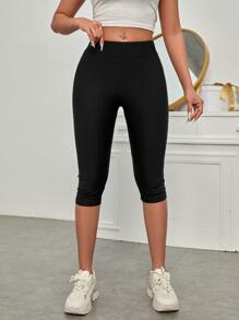 SHEIN EZwear Solid Capri Leggings - Black - View 4