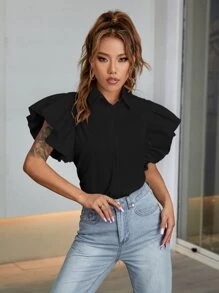 荷葉袖素色襯衫 - 黑色 - 查看 1
