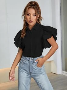 荷葉袖素色襯衫 - 黑色 - 查看 5
