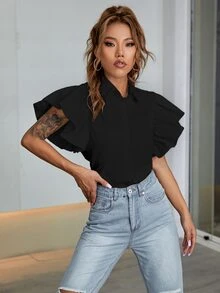 荷葉袖素色襯衫 - 黑色 - 查看 6