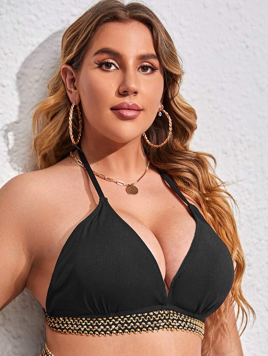Top bikini halter de canalé - Negro - Ver 1