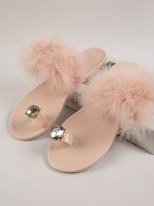 Dép bệt Nữ lông chim Pha lê kim cương màu trơn Đúng mốt - Màu Hồng baby - Xem 2