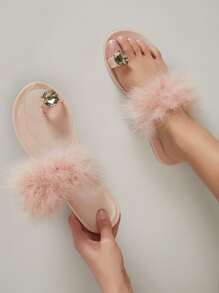 Dép bệt Nữ lông chim Pha lê kim cương màu trơn Đúng mốt - Màu Hồng baby - Xem 3