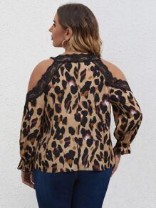 Plus Leopard Lace Trim Cold Shoulder Blouse - Multicolor - View 2