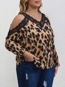 Plus Leopard Lace Trim Cold Shoulder Blouse - Multicolor - View 3