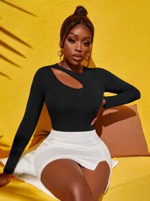 RueChic Cut Out Rib-knit Tee - Black - View 6