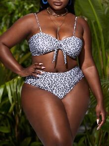 大码 3 件装豹纹前结比基尼套装和沙滩裙夏季海滩 - 黑與白 - 查看 3