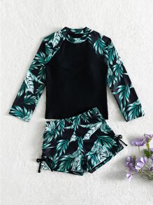 Tween Girl Plant Print Long Sleeve Rashguard Summer Beach - Green - View 1