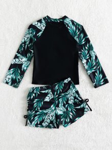 Tween Girl Plant Print Long Sleeve Rashguard Summer Beach - Green - View 2