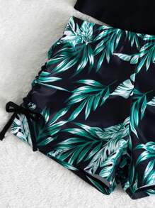 Tween Girl Plant Print Long Sleeve Rashguard Summer Beach - Green - View 4