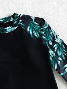 Tween Girl Plant Print Long Sleeve Rashguard Summer Beach - Green - View 5