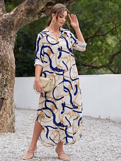 قميص طويل بأزرار علوية وطباعة سلسلة