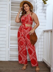 Bộ thời trang Plus Size Lộ Lưng Thắt nơ trước Paisley Boho - Đỏ và trắng - Xem 1