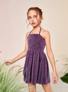 SHEIN 女大童繞頸金屬亮絲吊帶禮服裙 - 紫色 - 查看 3