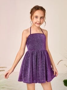 SHEIN 女大童繞頸金屬亮絲吊帶禮服裙 - 紫色 - 查看 4