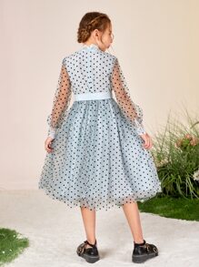 SHEIN Đầm Gái Thắt lưng Tương phản ren Ngọc trai Chấm bi Hấp dẫn - Màu xanh nhạt - Xem 2
