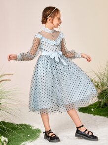 SHEIN Đầm Gái Thắt lưng Tương phản ren Ngọc trai Chấm bi Hấp dẫn - Màu xanh nhạt - Xem 4