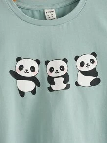 SHEIN 青少女熊貓印花T恤 - 薄荷綠 - 查看 4