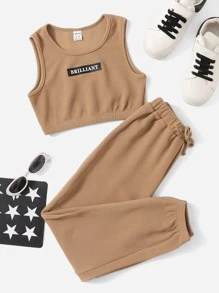 SHEIN Girls Letter Graphic Tank Top & Joggers - Camel - View 1