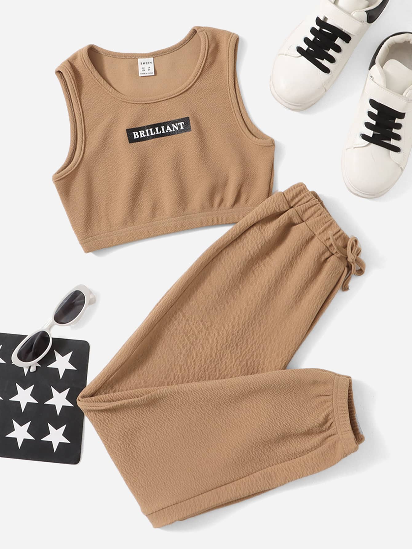 SHEIN Girls Letter Graphic Tank Top & Joggers - Camel - View 1