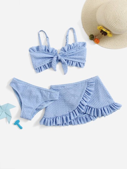 Conjunto de bikini con volantes texturizados, lazo frontal para niña joven, verano playa