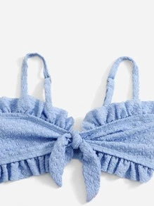 Young Girl Textured Frill Trim Bow Front Bikini Set Summer Beach
