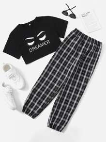 Girls Figure Graphic Crop Tee With Plaid Pants - Black and White - View 1