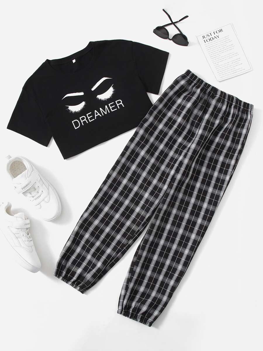 Girls Figure Graphic Crop Tee With Plaid Pants - Black and White - View 1