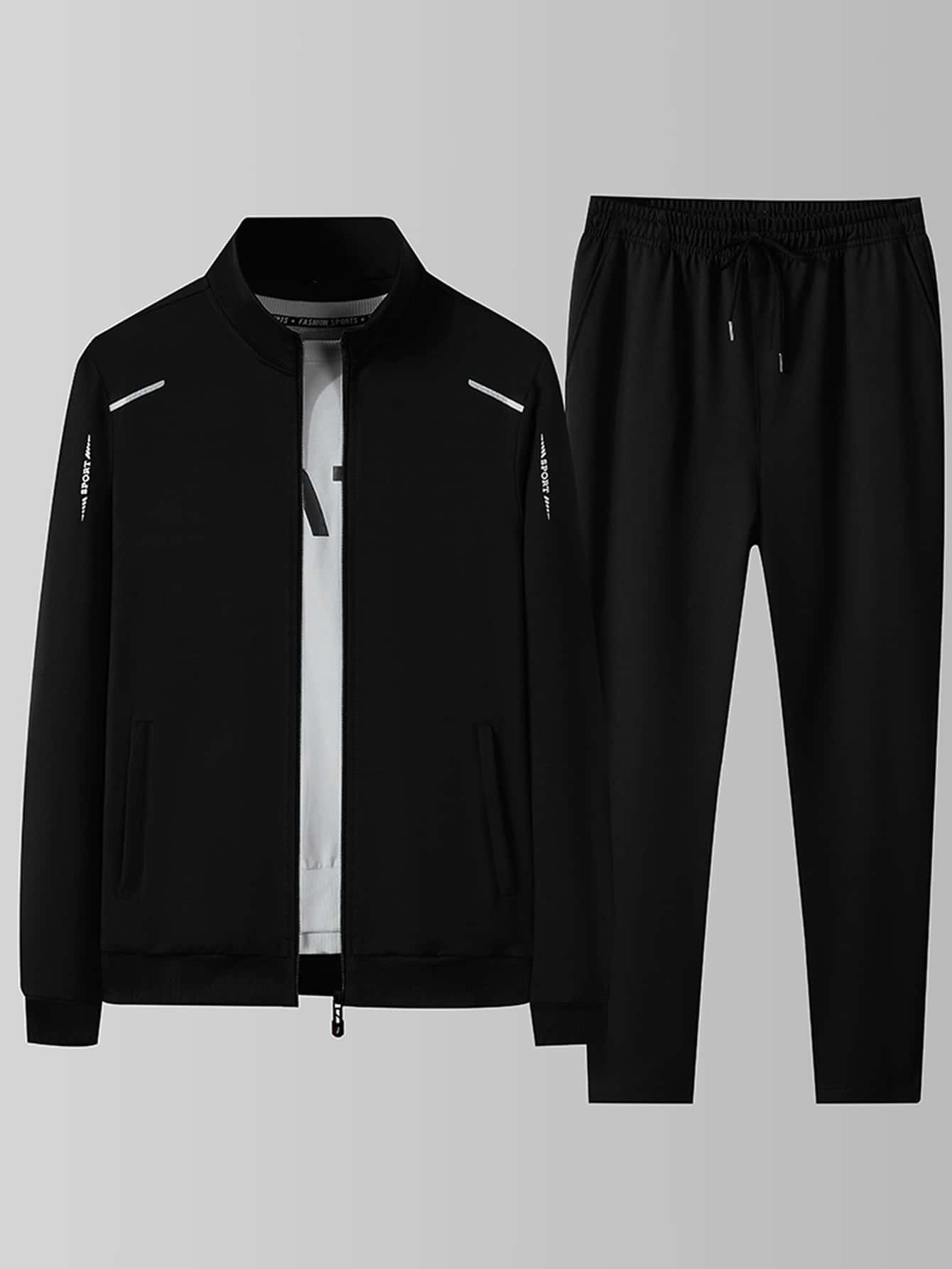 Manfinity Homme Men Letter Graphic Zipper Up Jacket And Joggers - Black - View 1