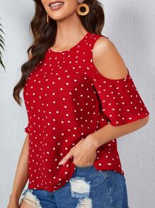 SHEIN LUNE Áo sơ mi nữ Nút Tim Tất cả trên in Boho - Đỏ - Xem 1