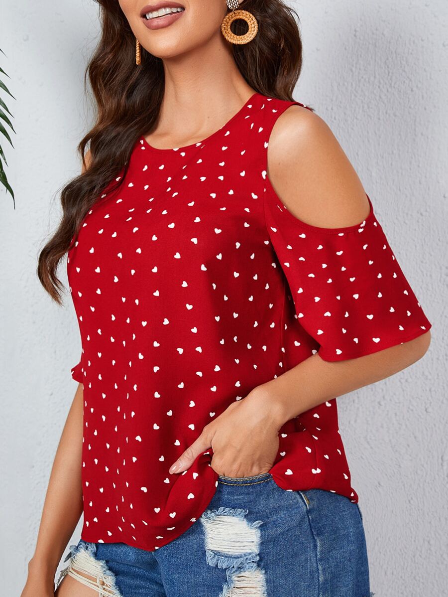 SHEIN LUNE Áo sơ mi nữ Nút Tim Tất cả trên in Boho - Đỏ - Xem 1