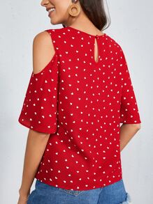 SHEIN LUNE Áo sơ mi nữ Nút Tim Tất cả trên in Boho - Đỏ - Xem 2