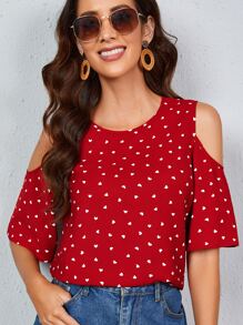 SHEIN LUNE Áo sơ mi nữ Nút Tim Tất cả trên in Boho - Đỏ - Xem 3