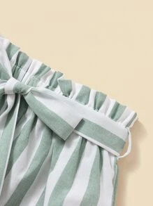 SHEIN Teen Girls Button Front Cami Top & Self Belted Striped Shorts Set - Multicolor - View 4