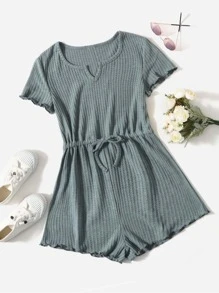 SHEIN 青少年女孩凹口抽繩腰部生菜裝飾華夫格針織連身衣 - 霧霾藍 - 查看 1