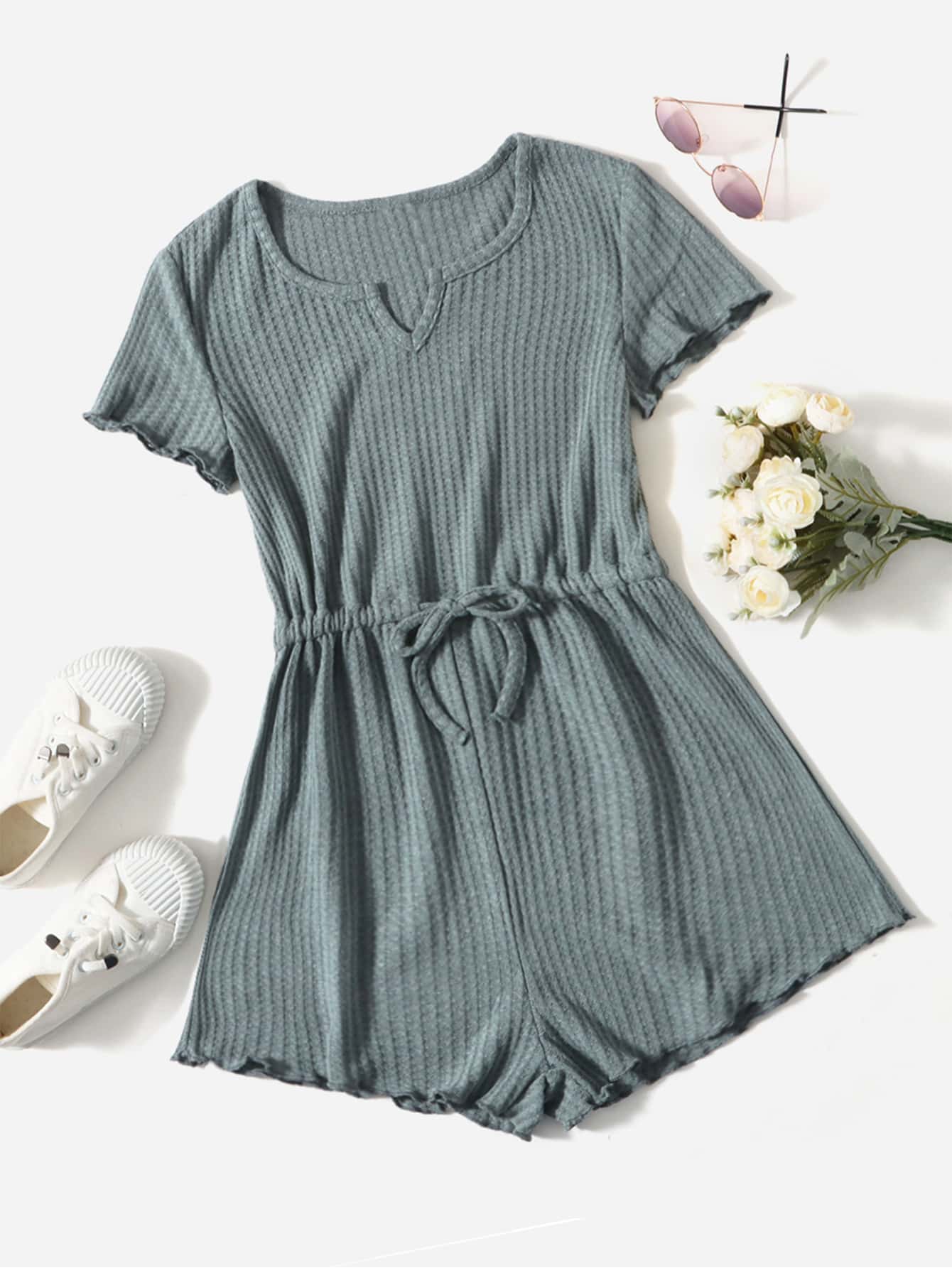 SHEIN 青少年女孩凹口抽繩腰部生菜裝飾華夫格針織連身衣 - 霧霾藍 - 查看 1