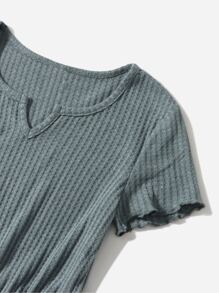 SHEIN 青少年女孩凹口抽繩腰部生菜裝飾華夫格針織連身衣 - 霧霾藍 - 查看 3