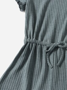 SHEIN 青少年女孩凹口抽繩腰部生菜裝飾華夫格針織連身衣 - 霧霾藍 - 查看 4