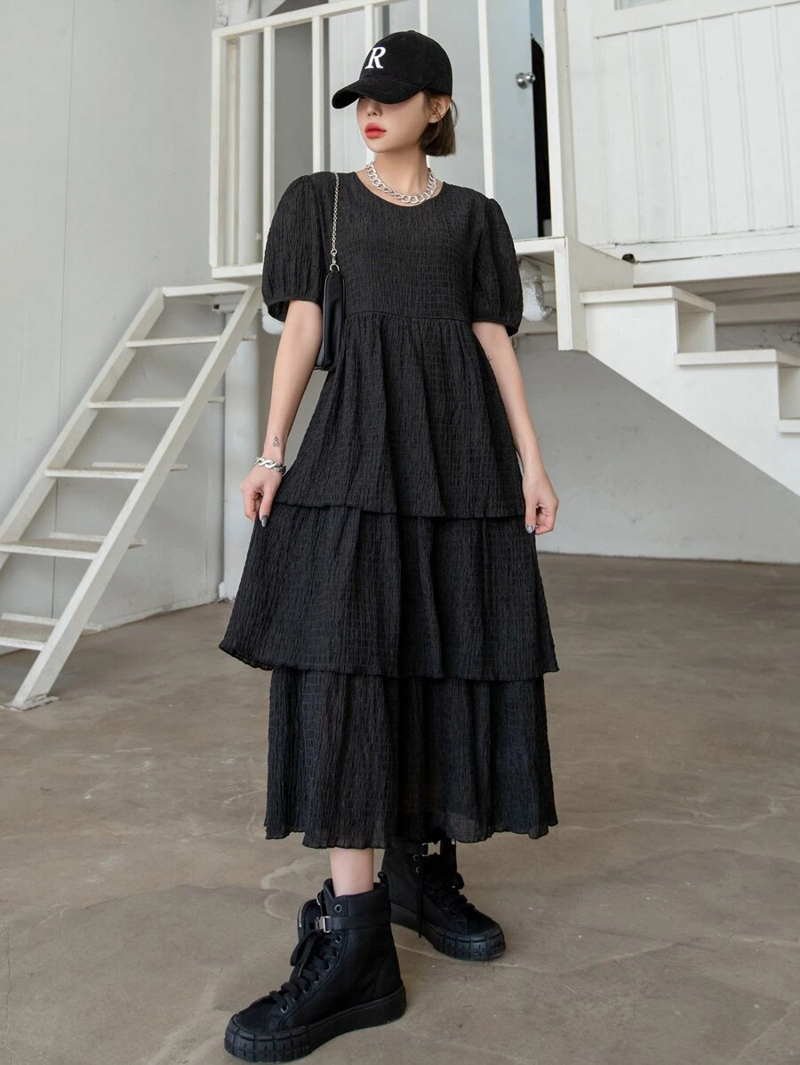 DAZY Đầm Viên lá sen phân lớp màu trơn Giải trí - màu đen - Xem 1