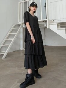 DAZY Đầm Viên lá sen phân lớp màu trơn Giải trí - màu đen - Xem 2